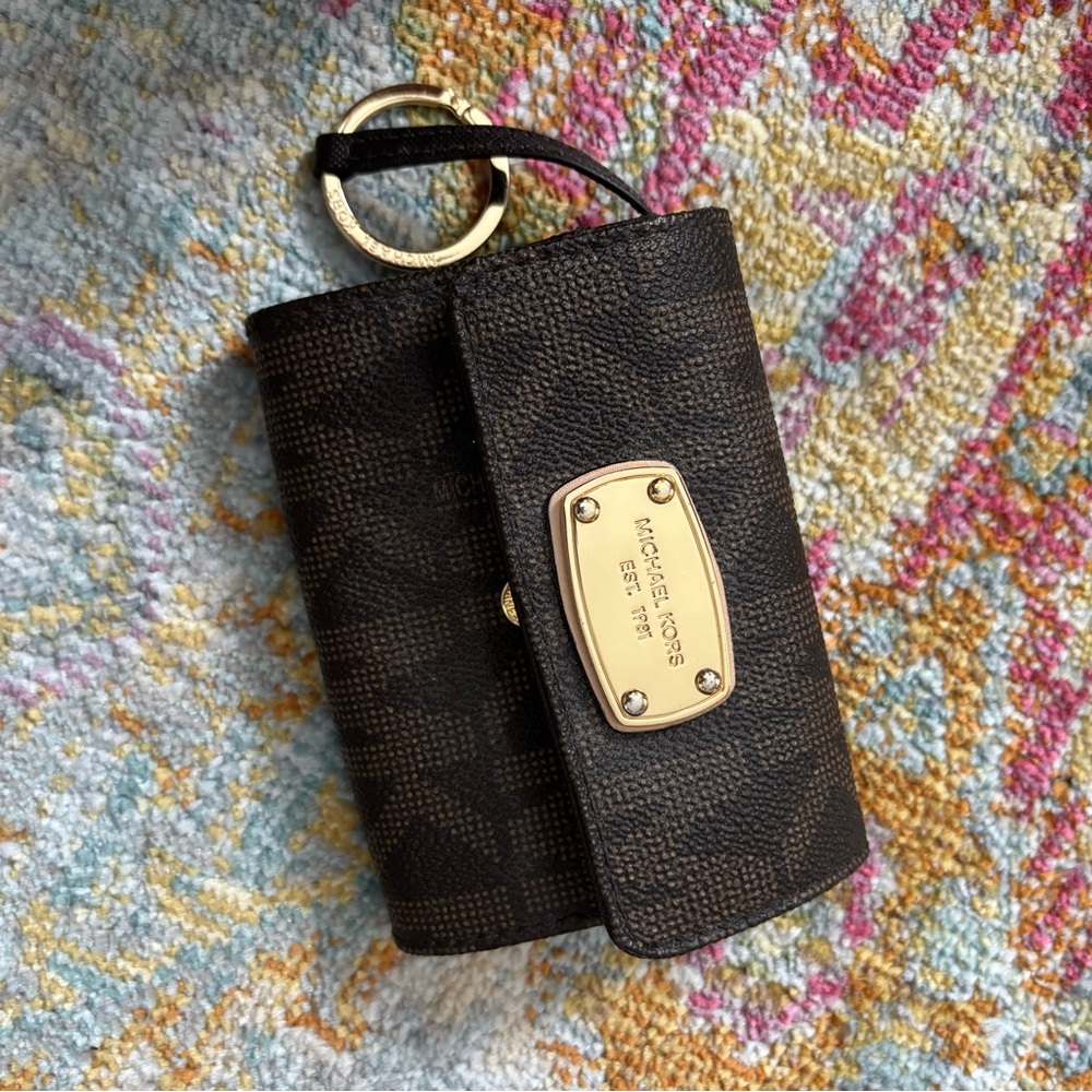Michael Kors Brown Signature Coated Canvas Key Pouch with Gold Plate